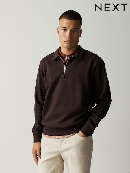 Chocolate Brown - Regular Regular Fit Zip Neck Polo Sweatshirt