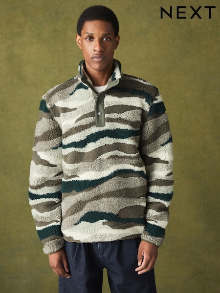 Khaki Camo - Regular Printed Borg Quarter Zip Fleece