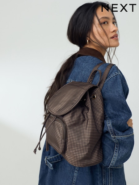 Chocolate Brown - Check Nylon Mini Rucksack Bag