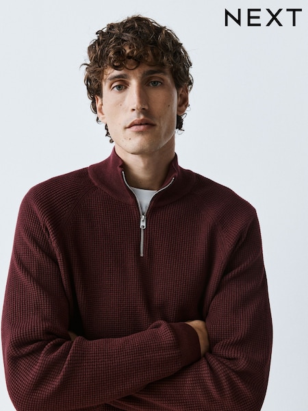 Burgundy Red - Regular Regular Fit Textured Quarter Zip Jumper