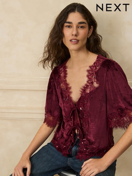 Berry Red - Short Sleeved V-neck Tie Front Top