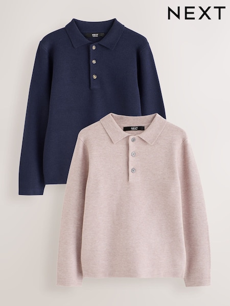 Ecru/Navy - Knitted Polo Shirts 2 Pack (3-16yrs)