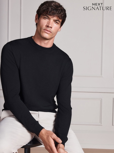 Black - Regular Merino Wool Crew Neck Jumper