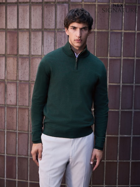 Green - Regular Merino Wool Signature Quarter Zip Jumper