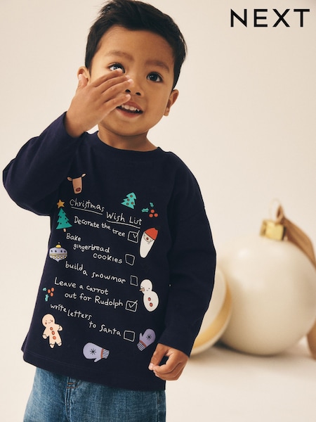 Navy Christmas Wish List - Long Sleeve Christmas T-shirt (3mths-7yrs)
