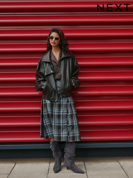 Blue/Brown Check - Kilt Midi Skirt