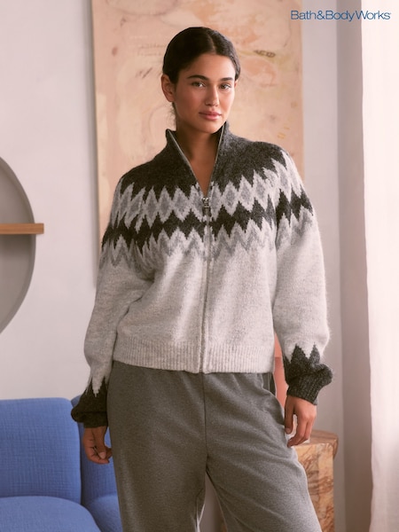 Grey - Bath & Body Works Knit Fairisle Pattern Wool Blend Hoodie
