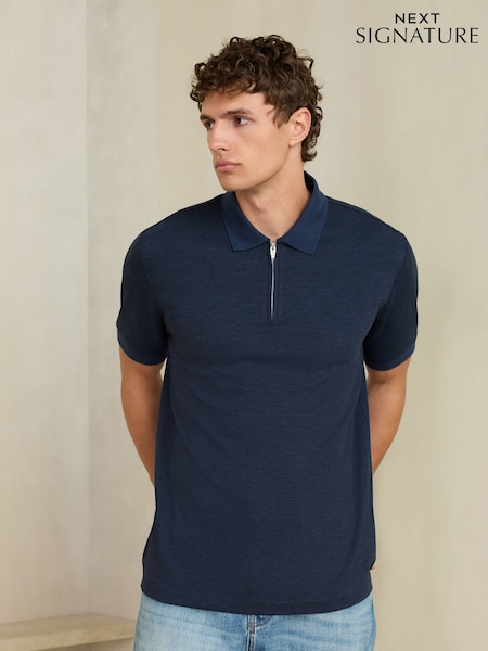 Navy - Regular Signature Zip Neck Polo Shirt