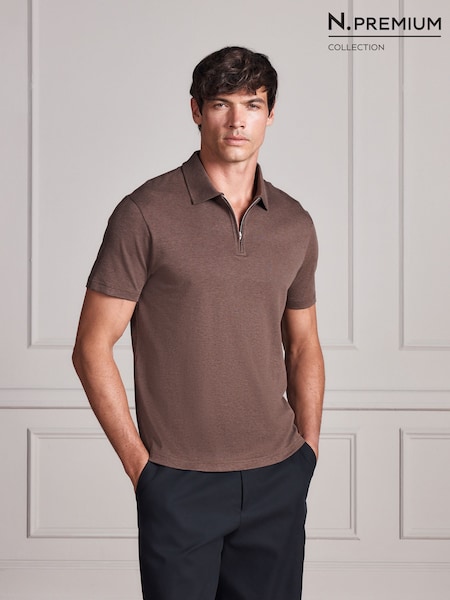 Brown - Regular Marl Signature Supima Smart Zip Neck Polo Shirt