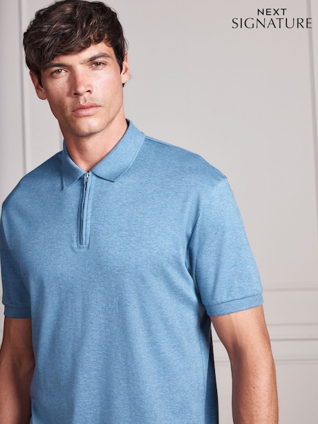 Blue - Regular Marl Signature Supima Smart Zip Neck Polo Shirt