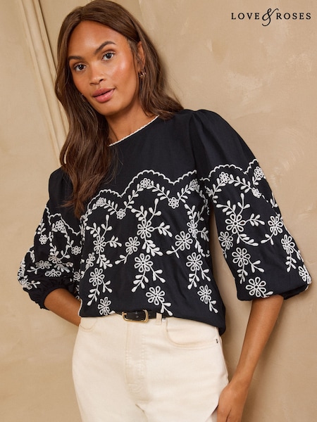 Black - Love & Roses Floral Embroidered Long Sleeve Jersey Top
