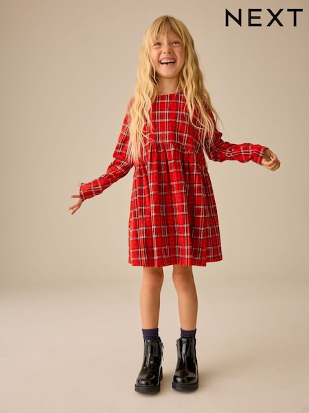 משבצות אדומות - Jersey Long Sleeve Dress (3-16yrs)