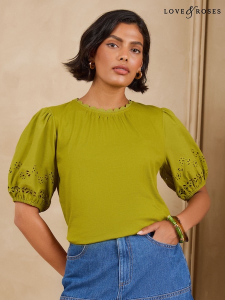 Lime Green - Love & Roses Broderie Puff Sleeve Crew Neck T-shirt