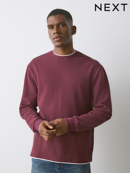 Burgundy Red - Regular Long Sleeve Textured Mock Neck T-shirt