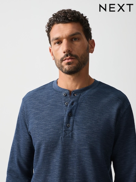 Navy Marl - Regular Long Sleeve Waffle Henley T-shirt