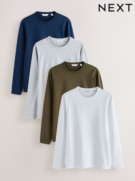 رمادي/أزرق كحلي/أخضر/أبيض بيج فاتح - Regular Fit Long Sleeve Motionflex Soft T-shirts 4 Pack