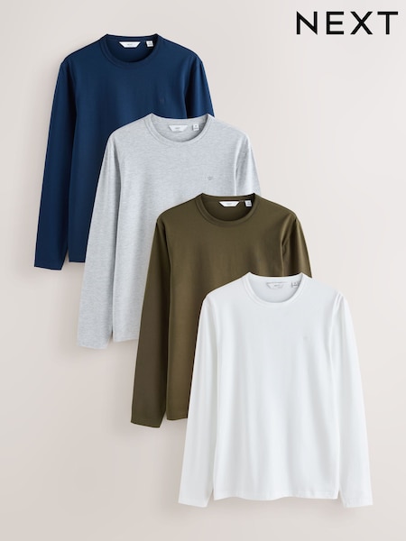 Grey/Green/Blue Navy/Ecru White - Slim Fit Long Sleeve Motionflex Soft T-shirts 4 Pack