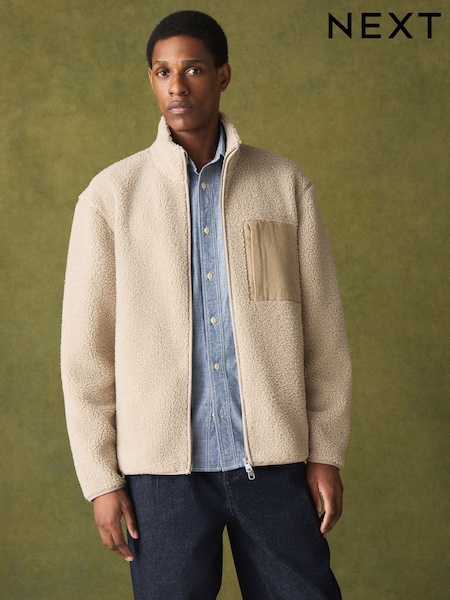 Ecru Neutral - Regular Borg Full Zip Through Fleece