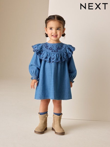 Denim Blue - Long Sleeve Embroidered Denim Dress (3mths-10yrs)