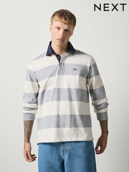 Grey/White - Regular Horizontal Stripe Rugby Shirt