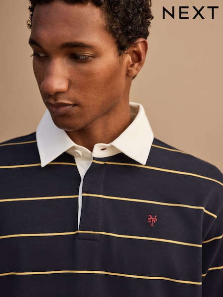 Navy Blue/Fine Yellow - Regular Horizontal Stripe Rugby Shirt