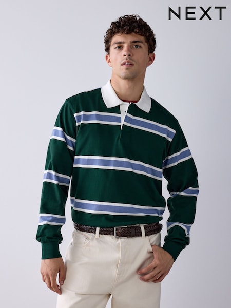 Green/Fine Blue - Regular Horizontal Stripe Rugby Shirt