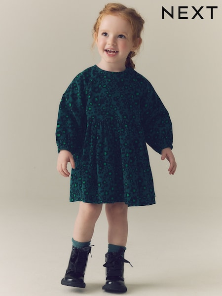 Green Animal Print - Long Sleeve Cord Dress (3mths-8yrs)
