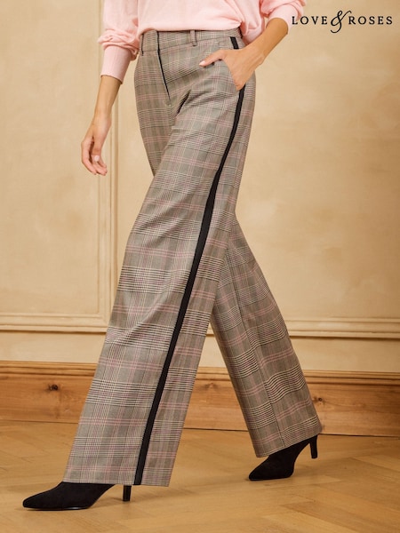 Harmaa - Love & Roses Side Stripe Check Trousers