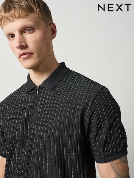 Black/Silver - Zip Neck Vertical Stripe Polo Shirt