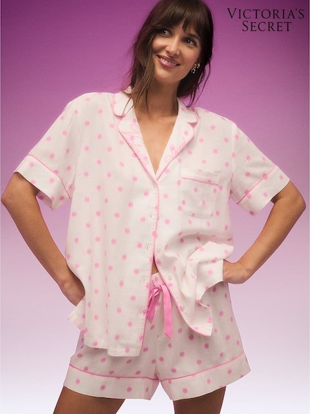 Pink Polka Dot White - Victoria's Secret Flannel Shorts Pyjama Set