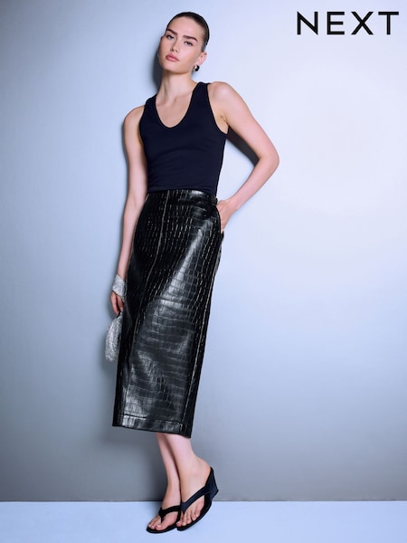 Black Croc - Textured Faux Leather Column Midi Skirt