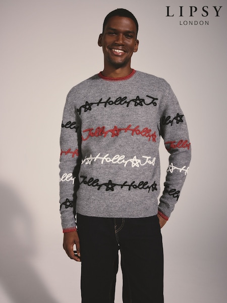 Grey - Regular Lipsy Matching Family Script Christmas Jumper