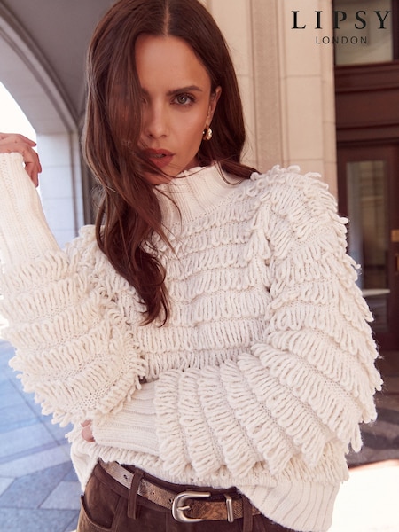 Cream - Lipsy All Over Fringe Knitted Jumper