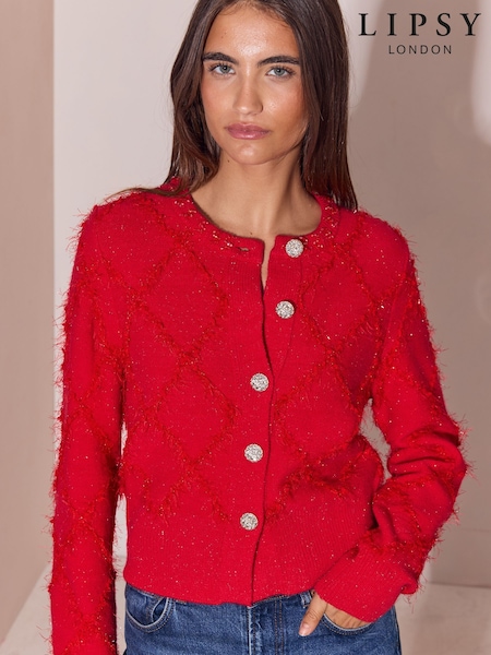 Red - Lipsy Sequin Argyle Detail Cardigan