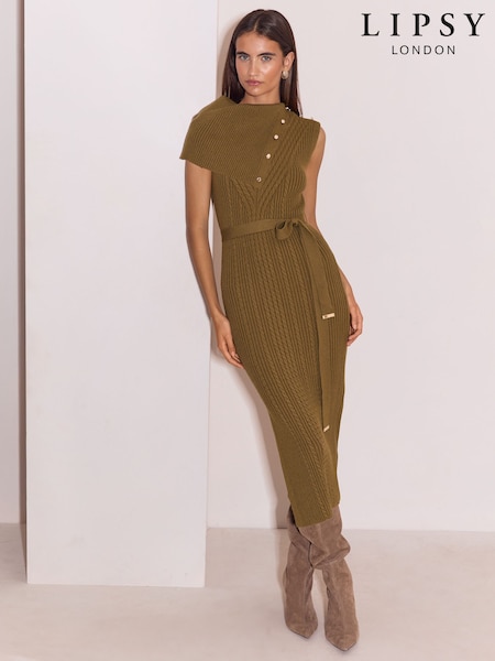 橄榄绿色 - Lipsy Cable Knitted Belt Detail Midi Dress