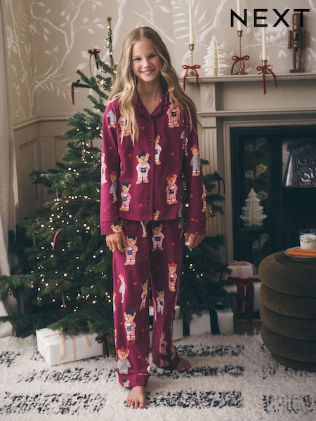 Bordowy z misiem - Jersey Button-through Pyjamas (3-16yrs)