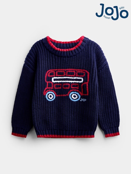 Navy Blue London Bus - Jojo Maman Bébé Embroidered Knitted Jumper