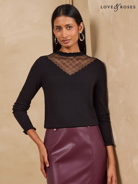 Black - Love & Roses Sheer Detail Frilled High Neck Knitted Jumper