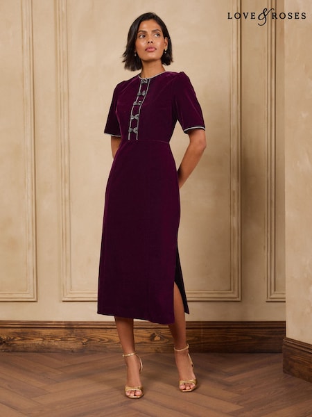 Burgundy Red - Love & Roses Tailored Bow Embelished Velvet Midi Dress