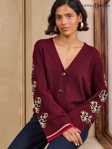 Bordowy czerwony w panterkę - Love & Roses V-neck Knitted Cardigan