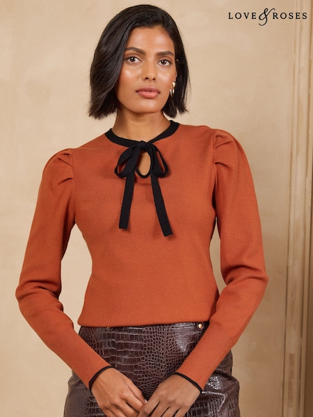 Orange - Love & Roses Puff Sleeve Crew Neck Tie Detail Knitted Top
