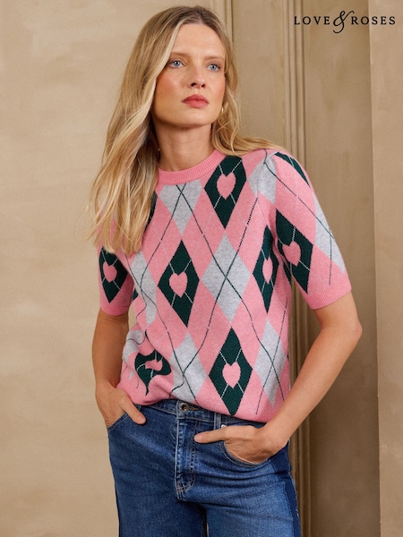 Pink - Love & Roses Scalloped Crew Neck Floral Detail Knitted Top
