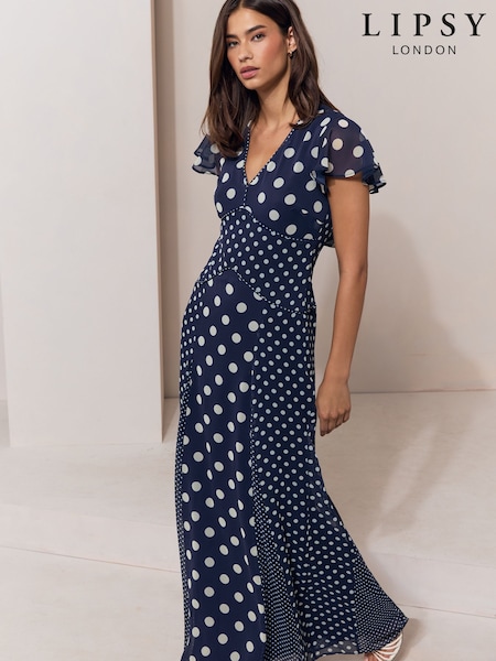 Navy - Lipsy V-neck Polka Dot Flutter Sleeve Maxi Dress