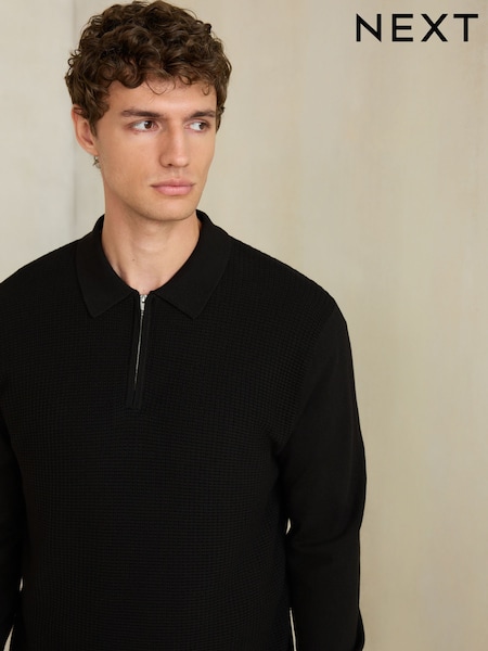 Black - Regular Smart Textured Quarter Zip Knitted Polo Shirt