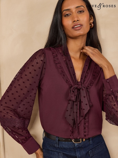Burgundijos raudona - Love & Roses Mesh Heart Pussybow Long Sleeve Blouse