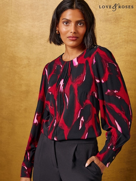 Red Animal Print - Love & Roses Pintuck Long Sleeve Blouse