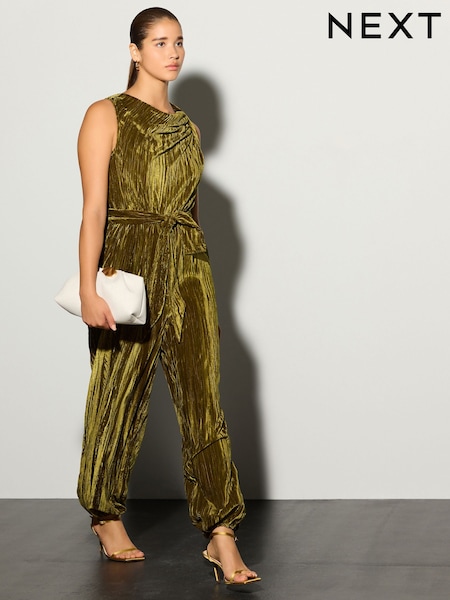 Olive Green - Ruched Neck Velvet Balloon Leg Jumpsuit