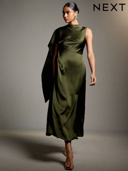 Dark Green - Textured Satin Scarf Midi Dress
