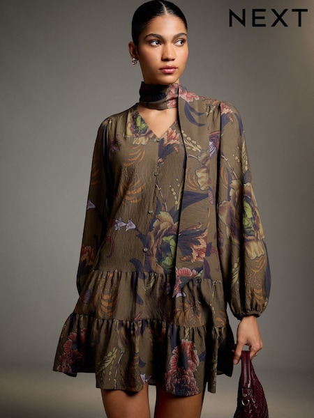Khaki Green Next X Kew Print - Long Sleeve Tie Neck Mini Dress