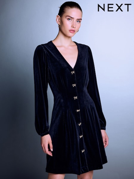 Black - Long Sleeve Velvet Cinched Waist Mini Dress